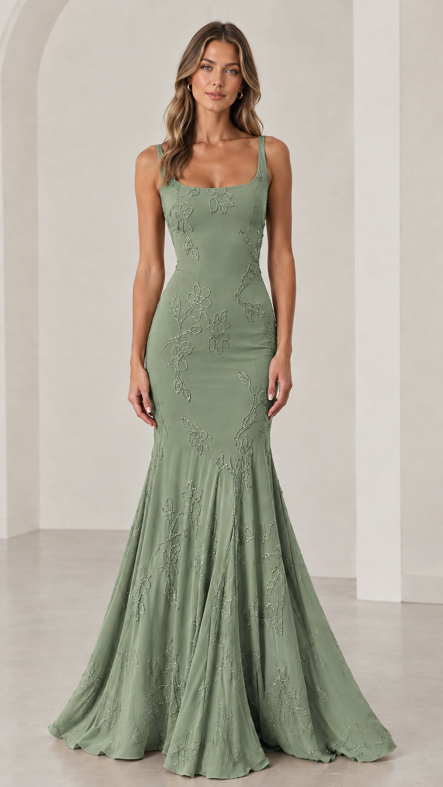 Full front view of Sage Green floral beaded mermaid evening gown