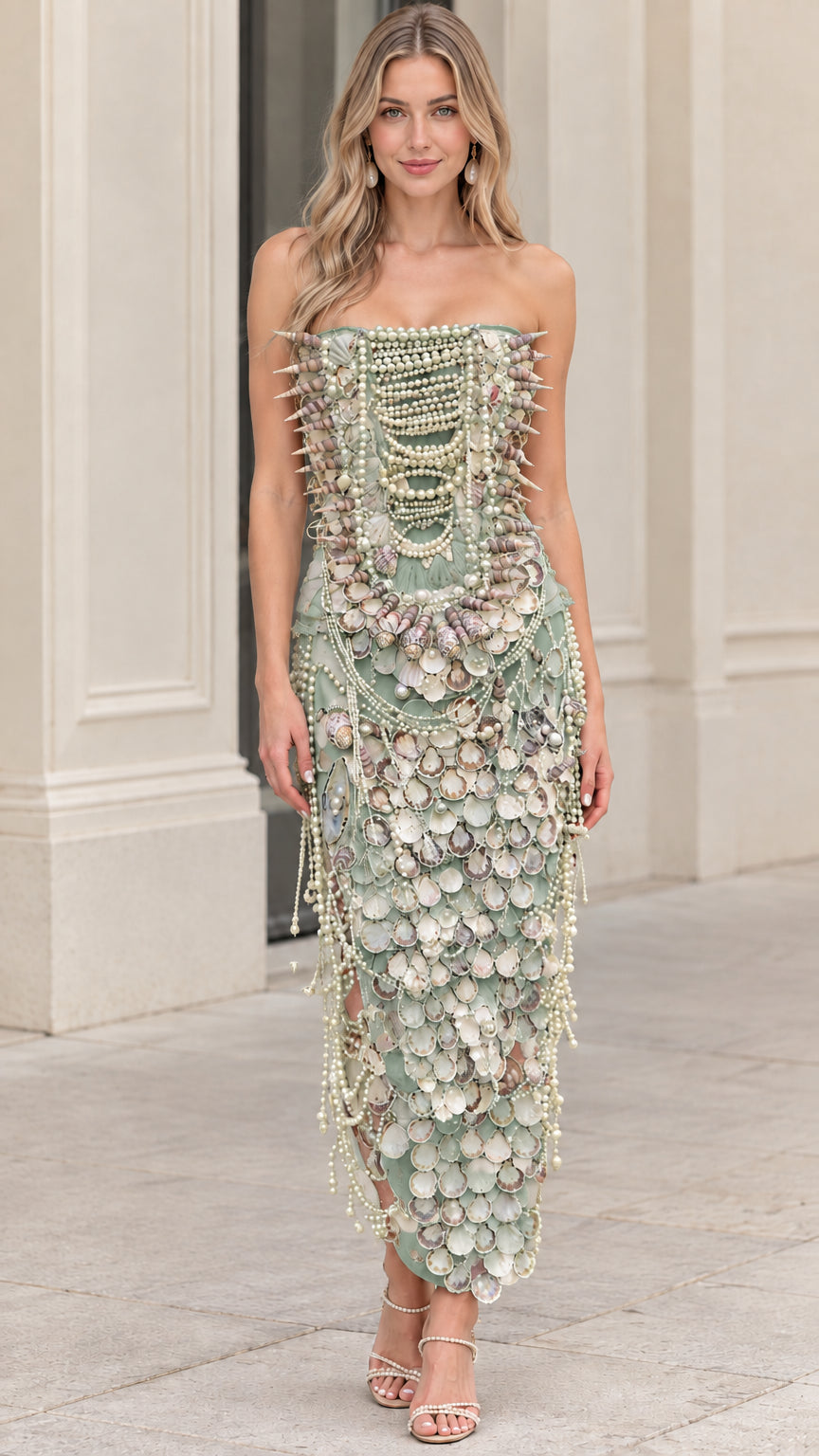 Model wearing sage green strapless shell and faux-pearl embellished evening dress