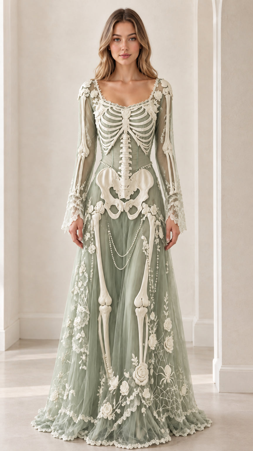 Sage green gothic skeleton appliqué lace evening gown