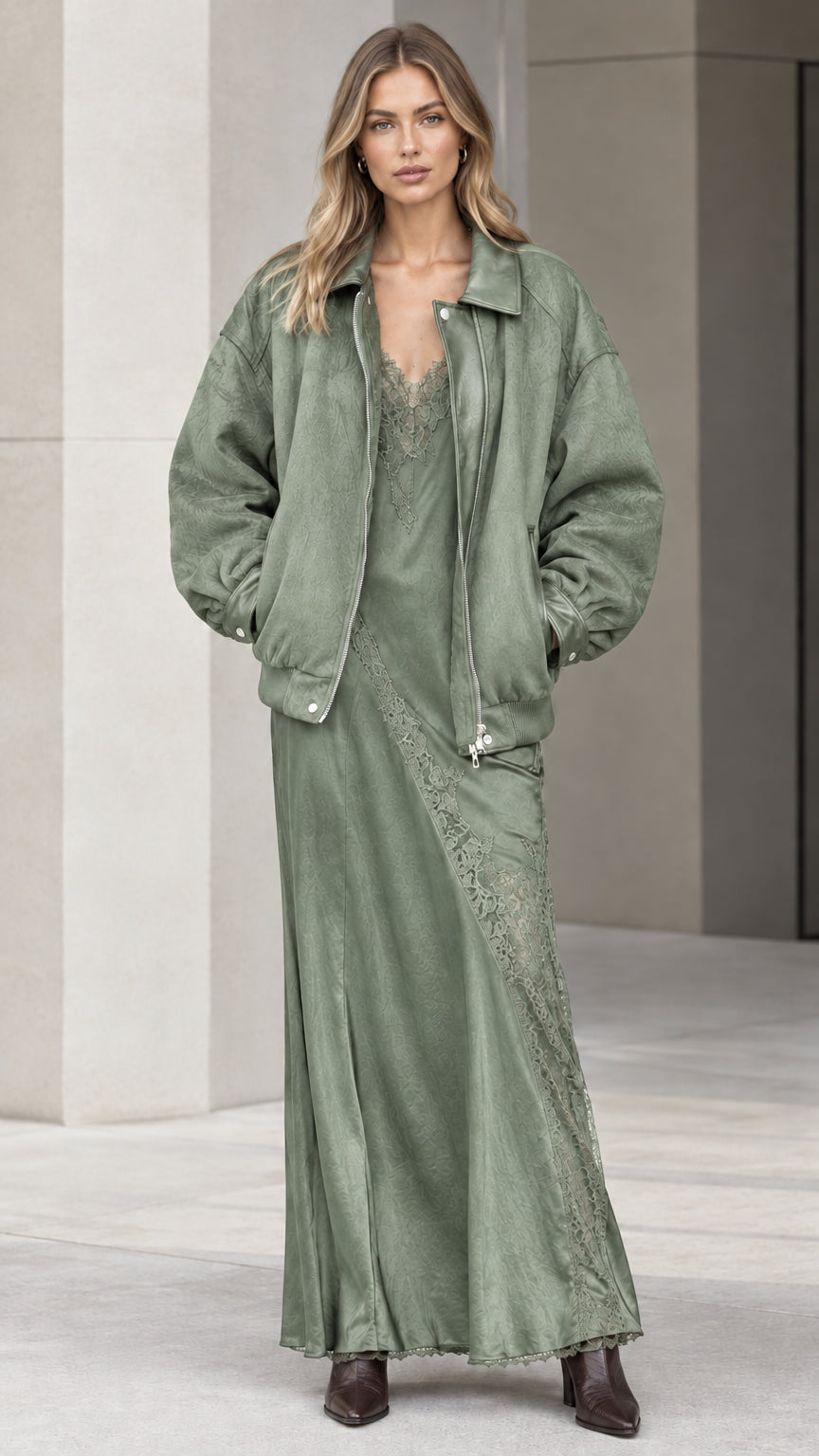 Model wearing sage green bomber jacket and sage green lace slip dress set