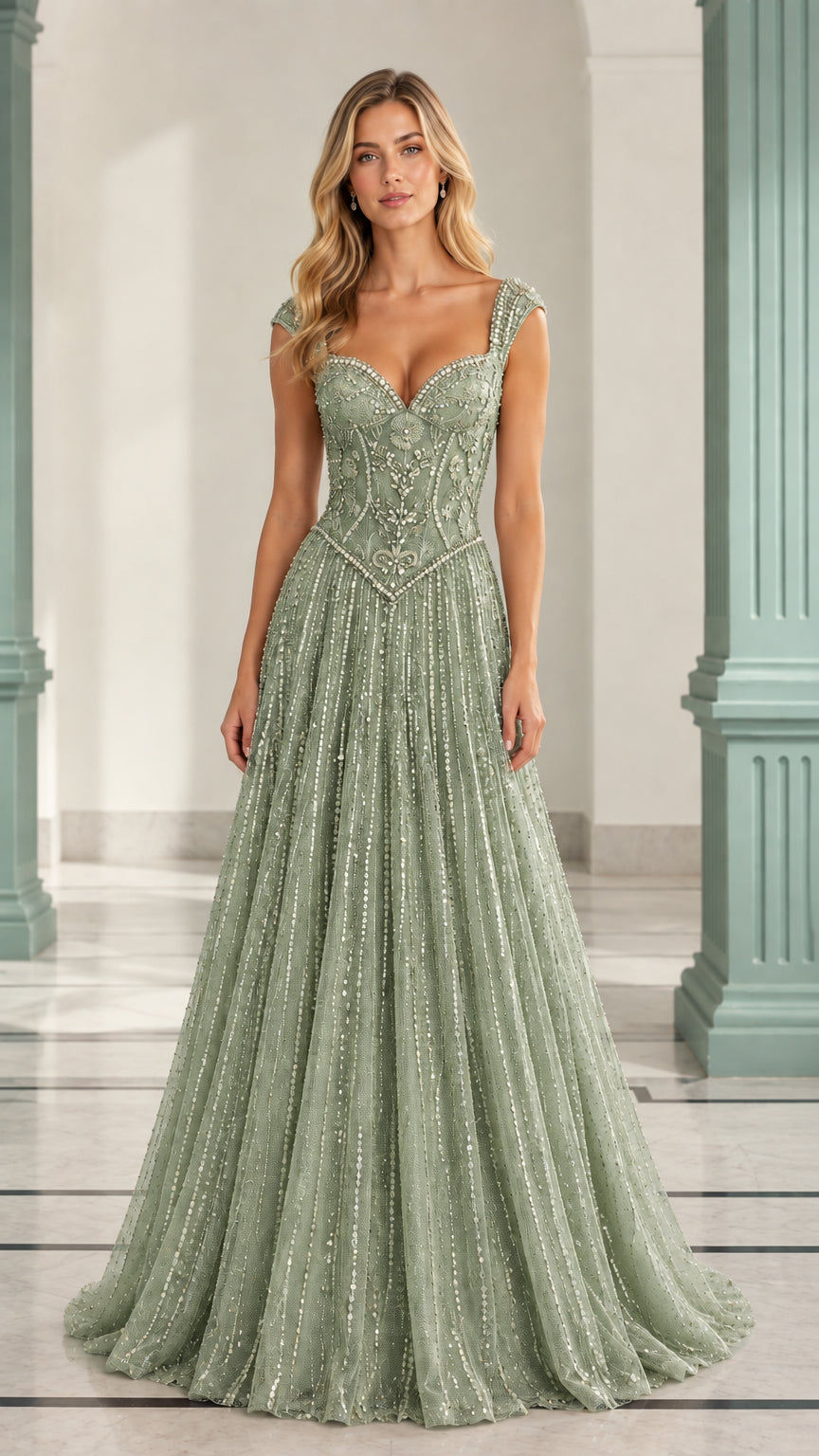 Front view of model wearing a Sage Green beaded sweetheart evening dress