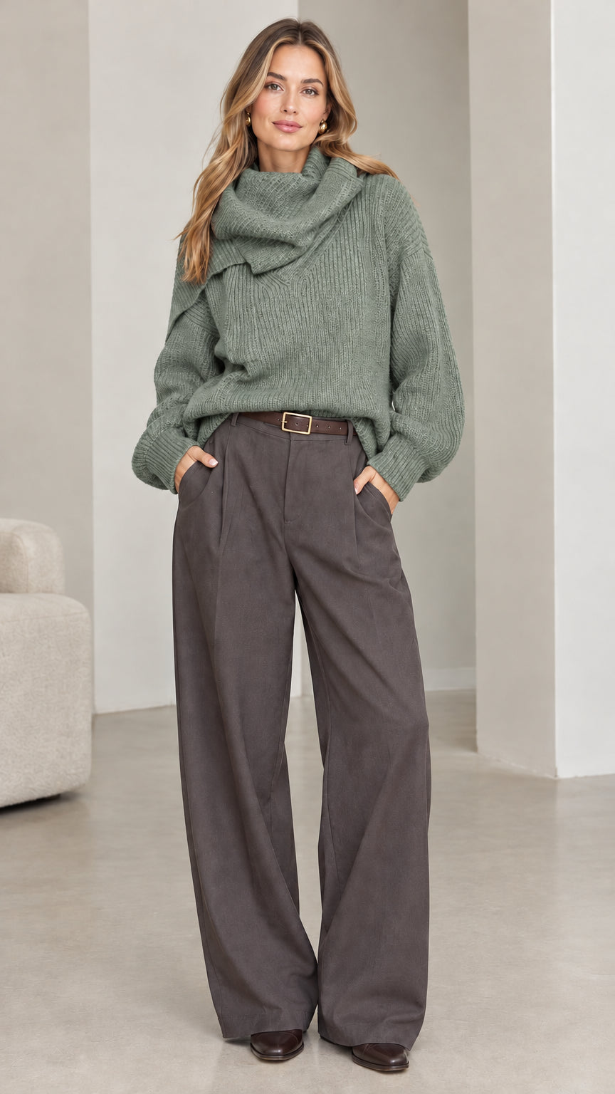 Front view of model wearing sage green ribbed knit cowl neck sweater paired with grey trousers