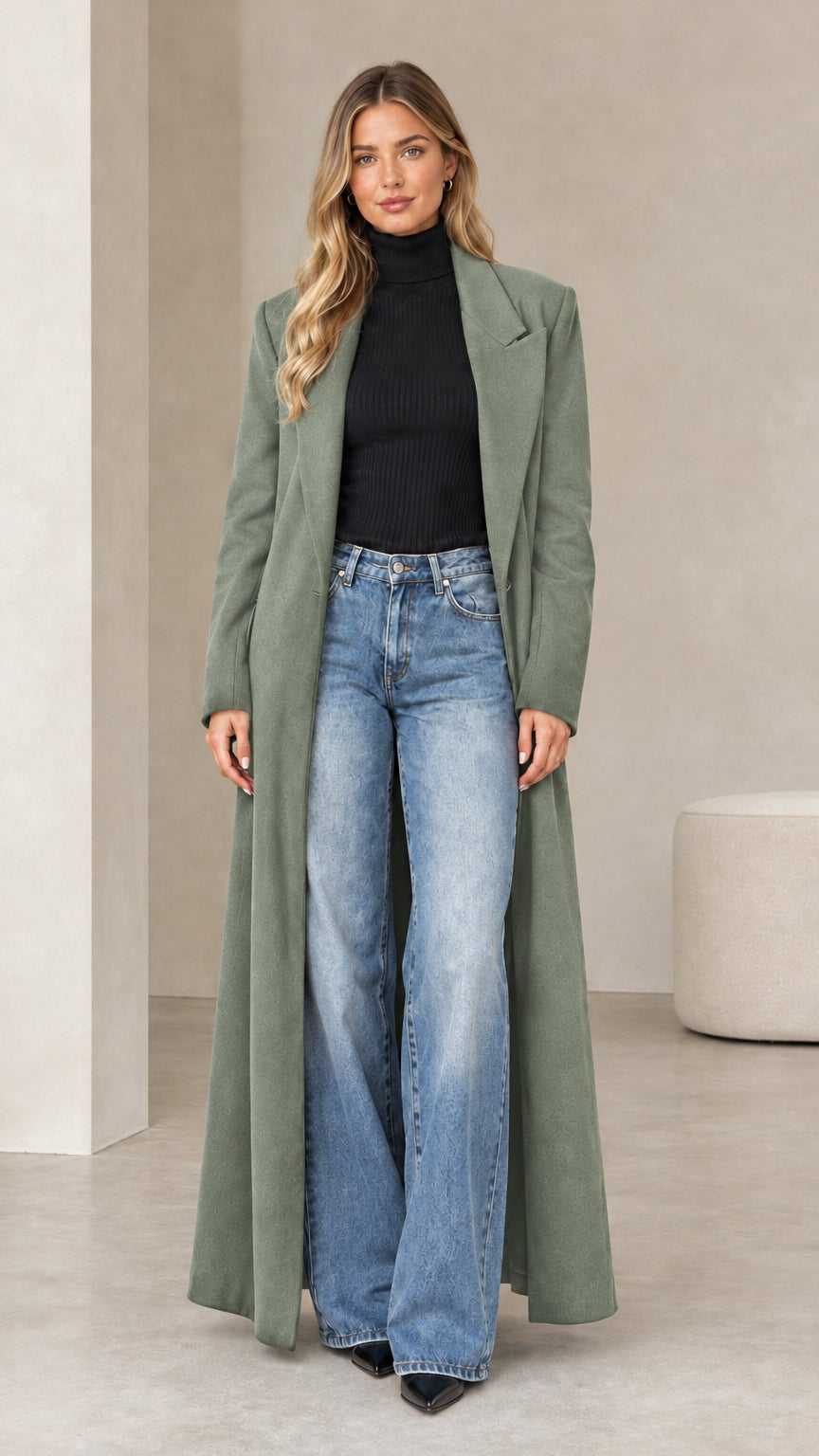 Front view of woman wearing sage green floor-length tailored maxi coat