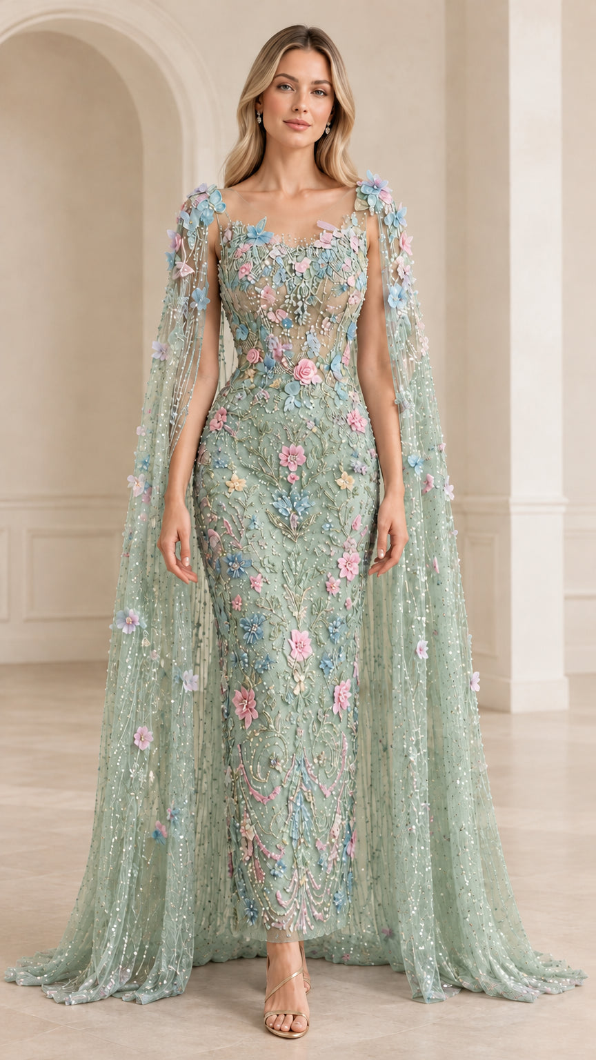 Front view of sage green floral embellished cape formal dress
