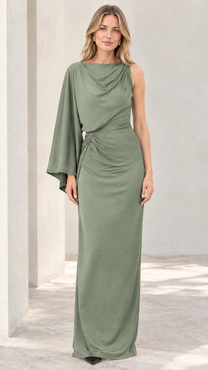 Sage green one-shoulder cape sleeve ruched maxi evening dress