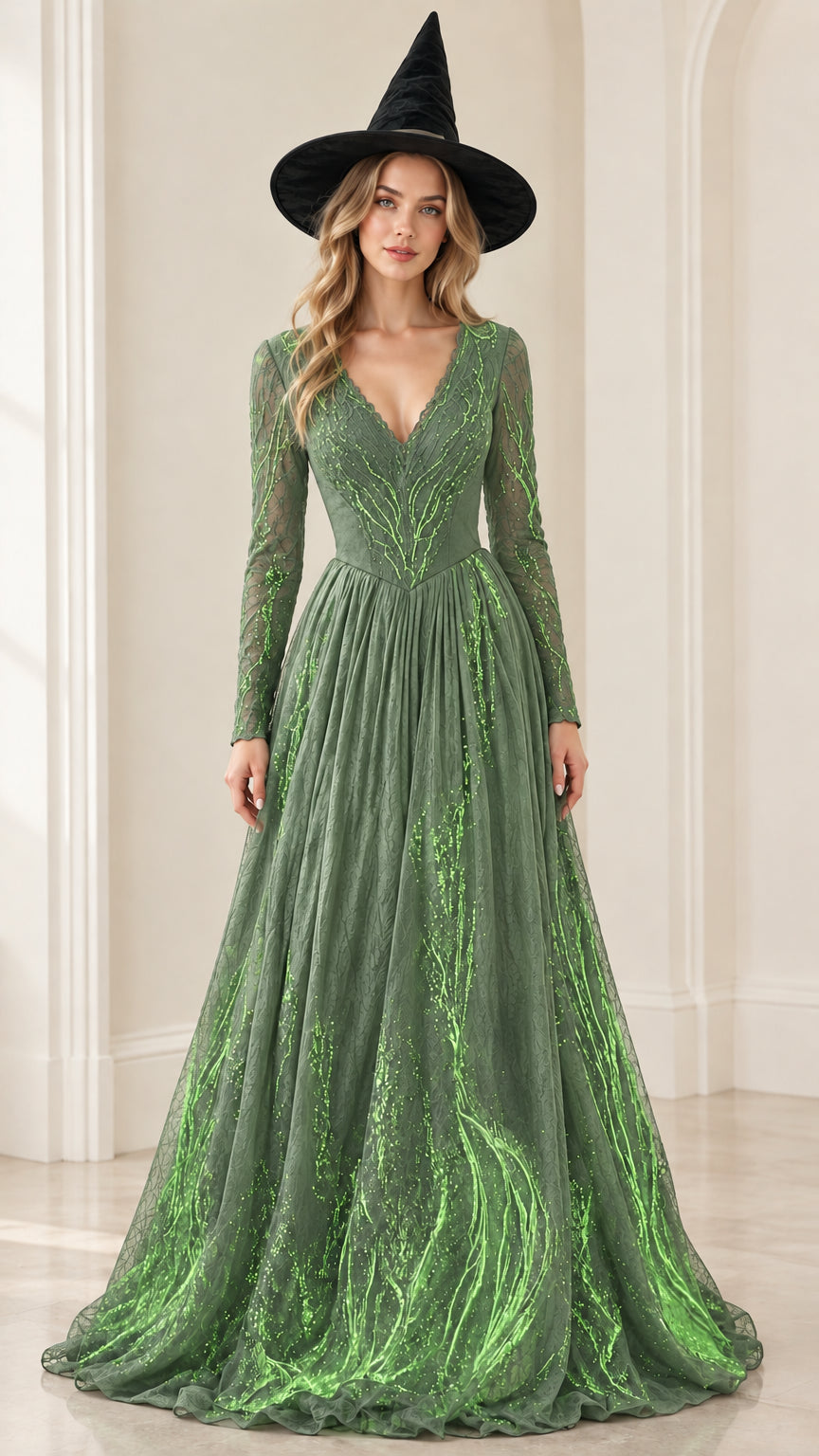 Front view of model wearing sage green glitter embroidered V-neck floor length gown with matching hat