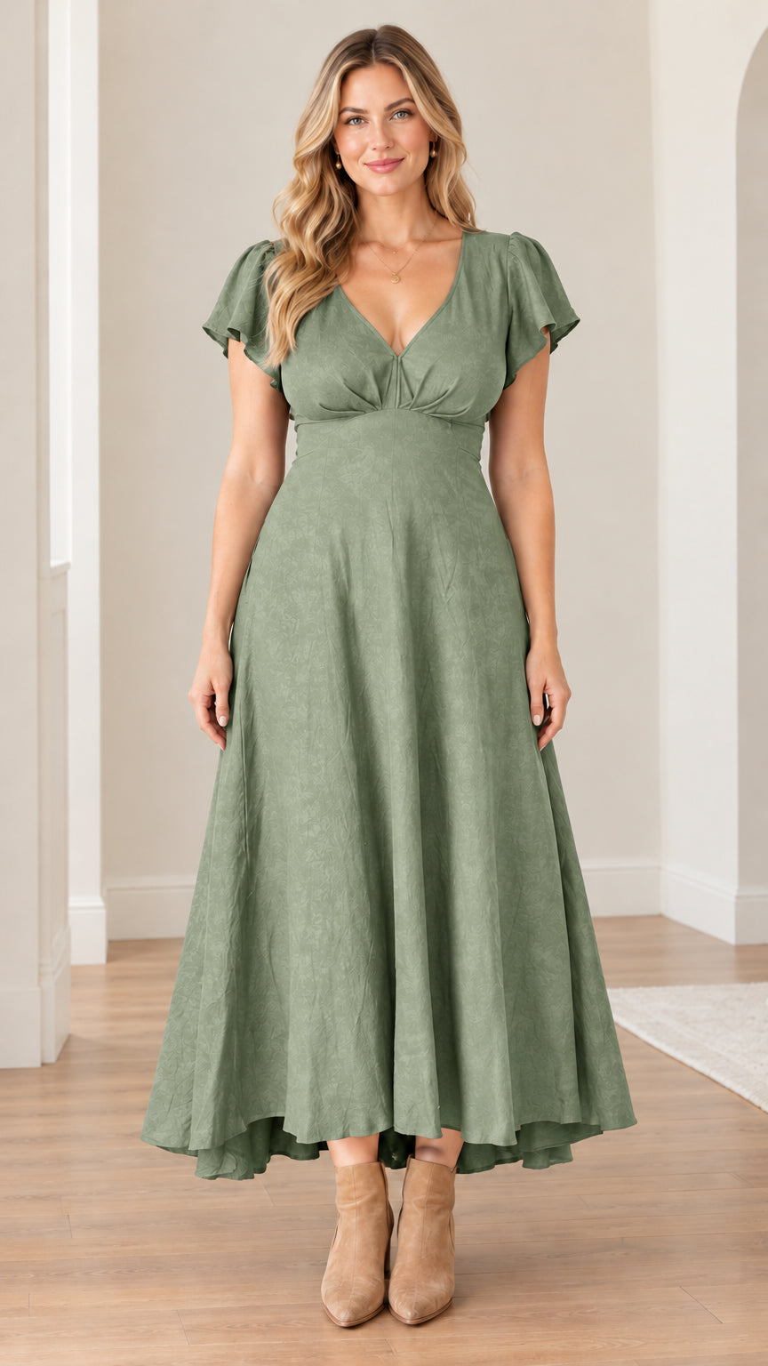 Front view of model wearing a sage green V-neck flutter sleeve maxi dress