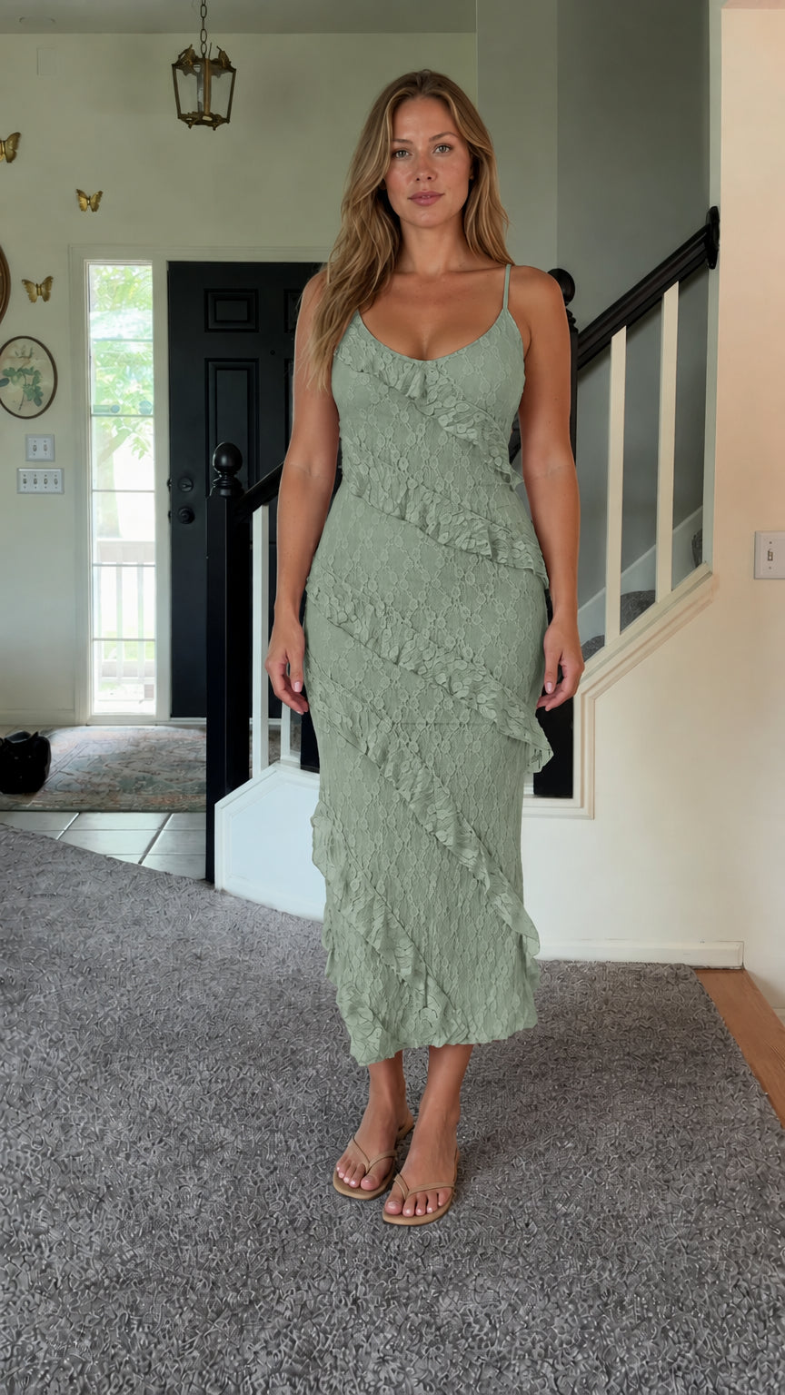 Front view of woman wearing sage green floral lace ruffle cami midi dress