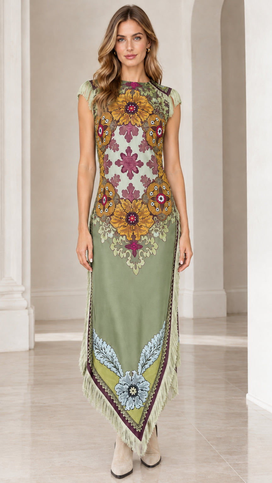 Sage green color variant of vintage floral print fringe maxi dress