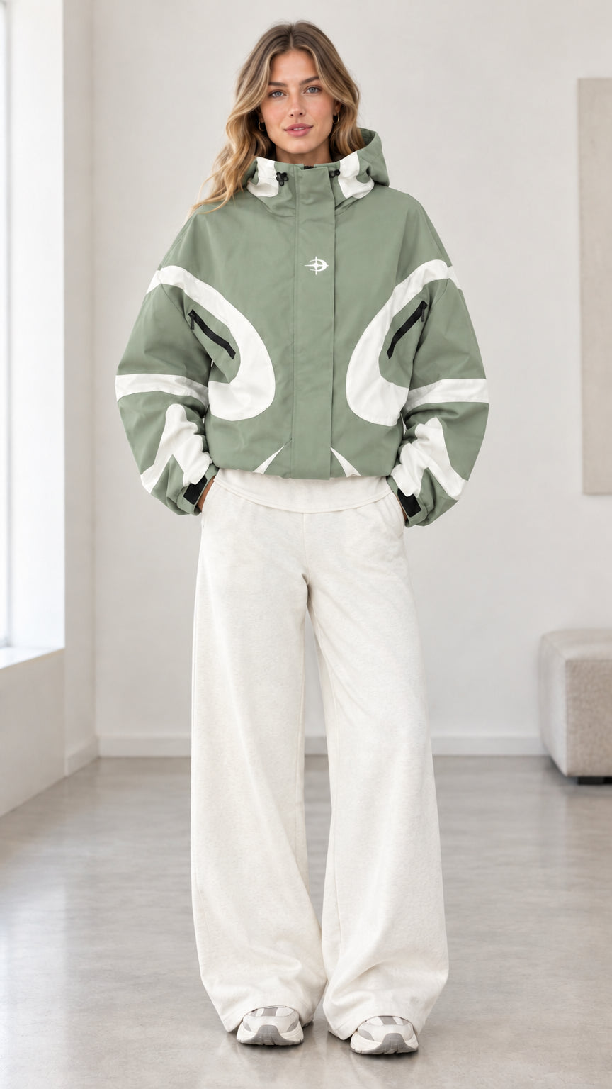 Front view of model wearing sage green and white colorblock hooded jacket