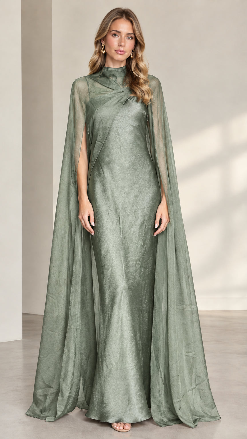 Sage green high neck maxi evening gown with sheer cape overlay