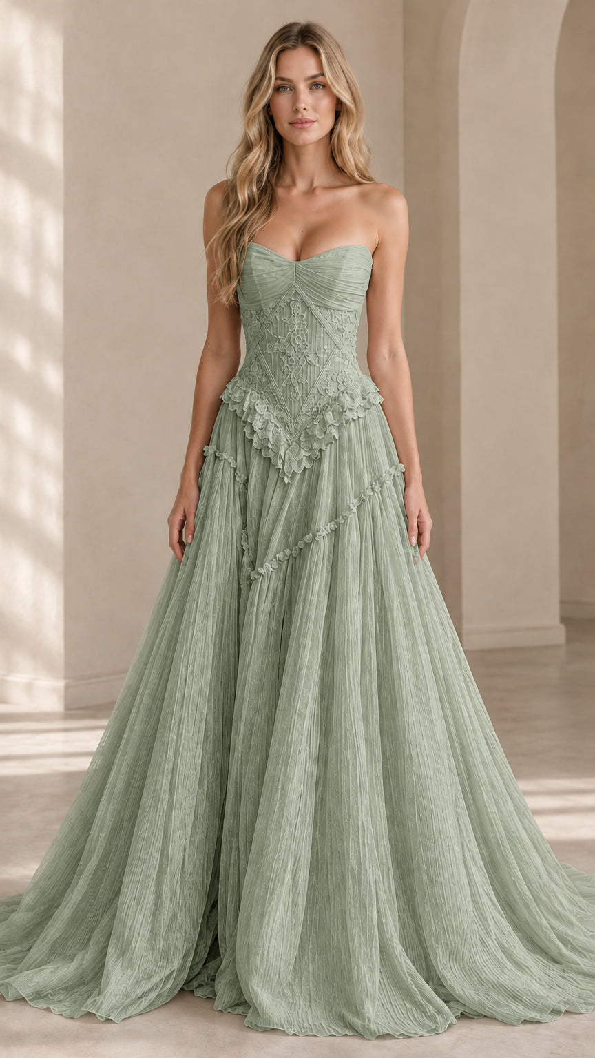 Front view of model wearing sage green strapless tiered tulle evening gown