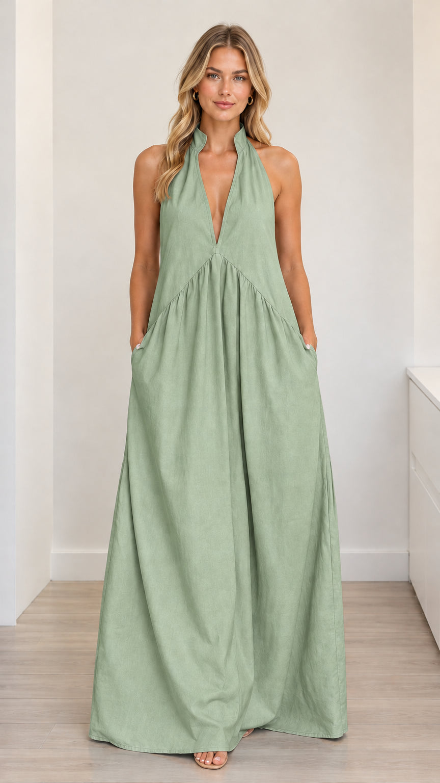 Sage green halter V-neck floor-length maxi dress front view with pockets