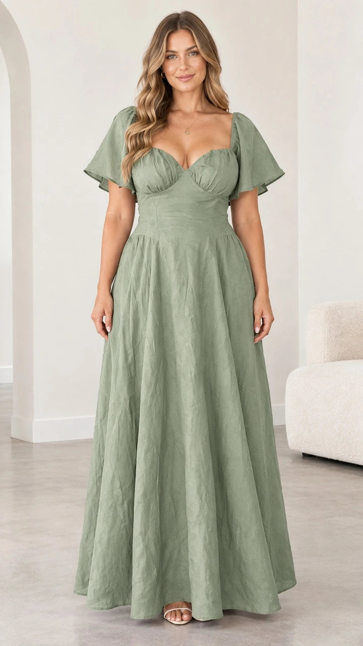 Front view of woman wearing sage green sweetheart flutter sleeve maxi dress