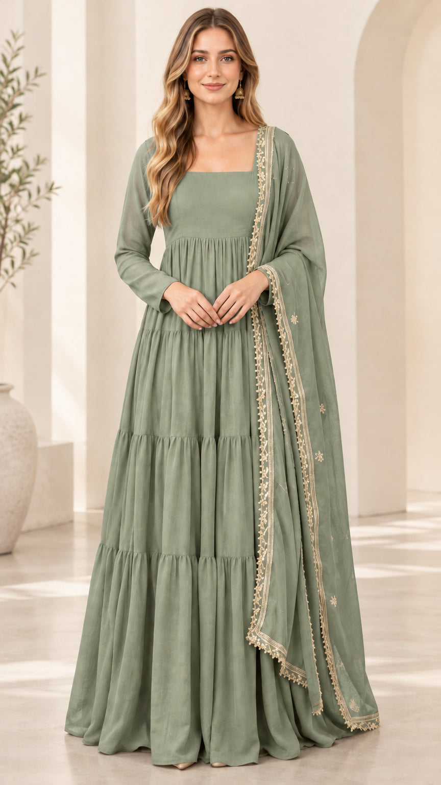 Sage green square neck tiered maxi dress paired with embroidered sheer scarf