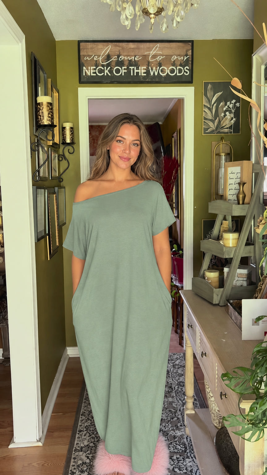 Front view of model wearing sage green one-shoulder casual maxi dress