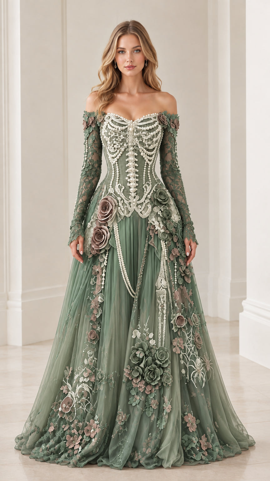 Sage green off-shoulder vintage corset gown with intricate beadwork and lace sleeves