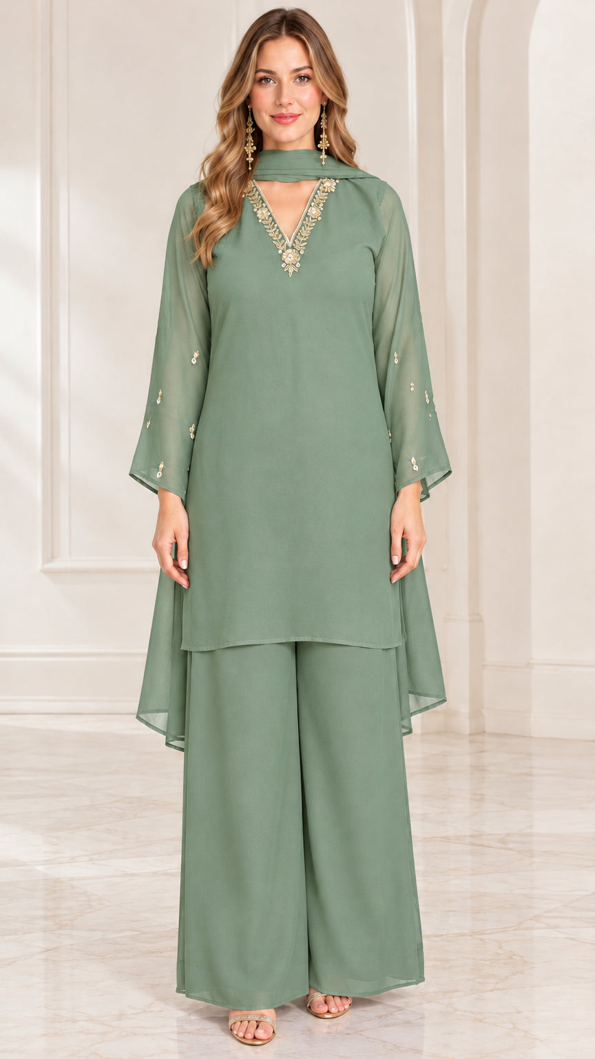 Full-length front view of sage green embroidered chiffon tunic top and wide-leg pants set