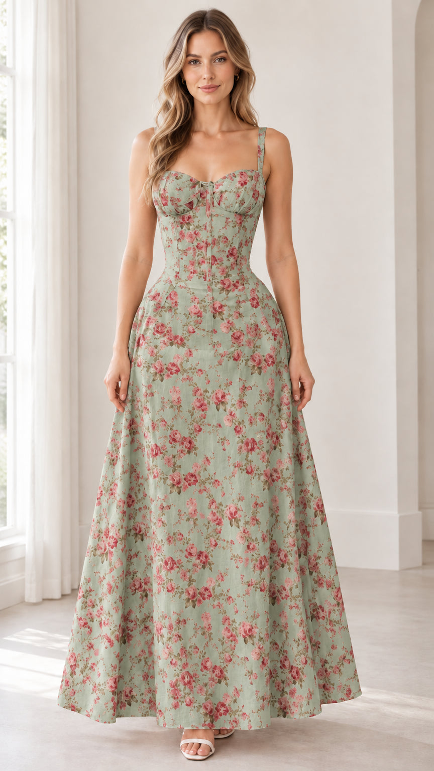 Front view of model wearing sage green floral print corset maxi dress