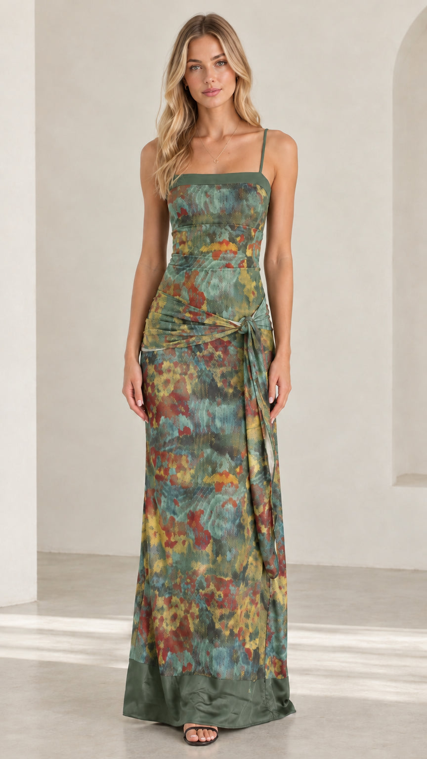 Front view of Sage Green abstract floral spaghetti strap maxi dress with knotted waist