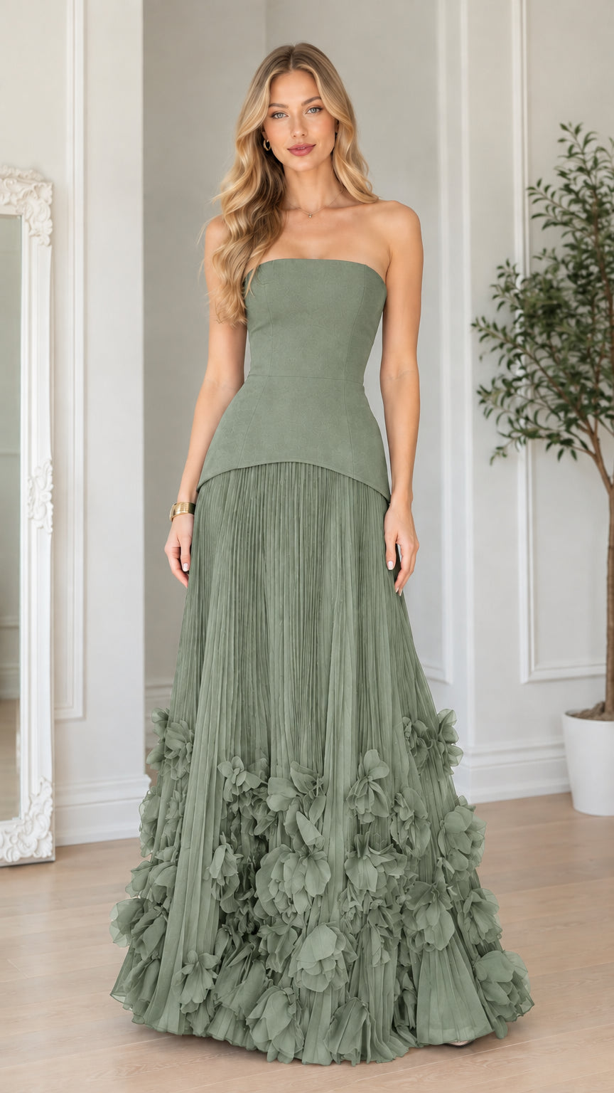 Front view of sage green strapless corset pleated maxi gown with 3D floral hem