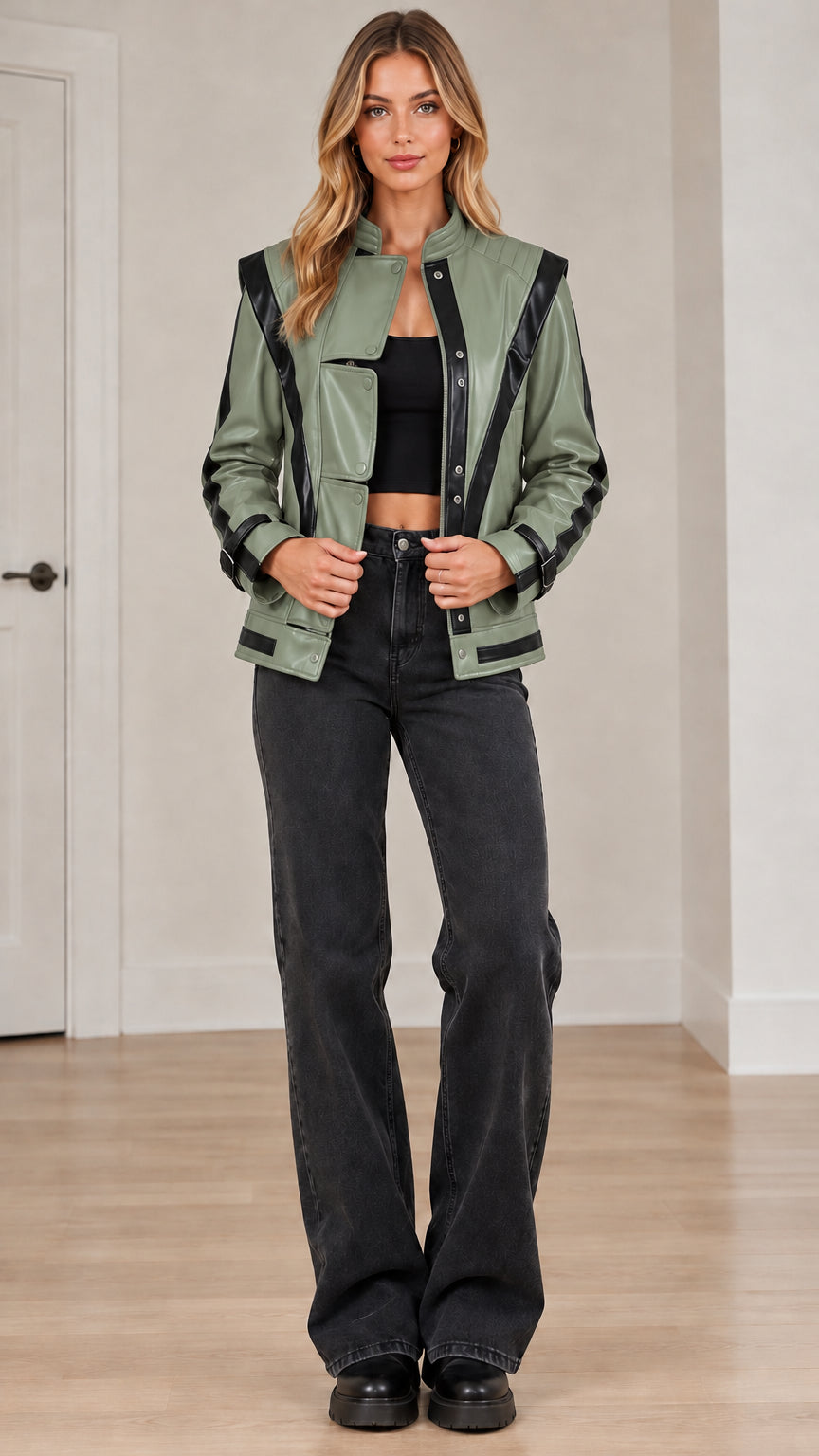 Front full view of sage green faux leather moto jacket with black contrast trim