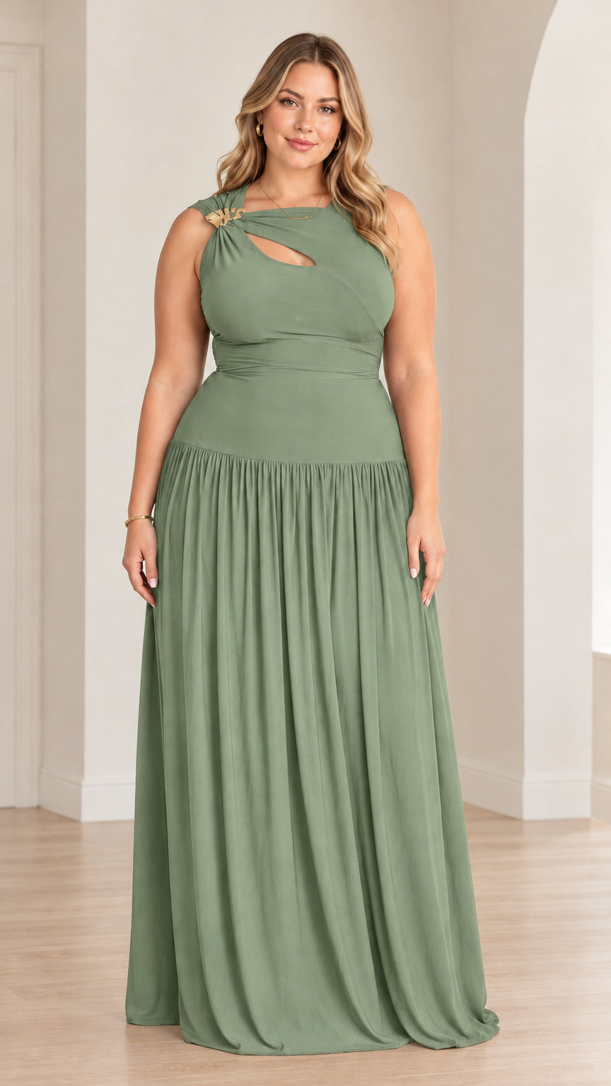 Full-length front view of model wearing sage green sleeveless cutout maxi dress