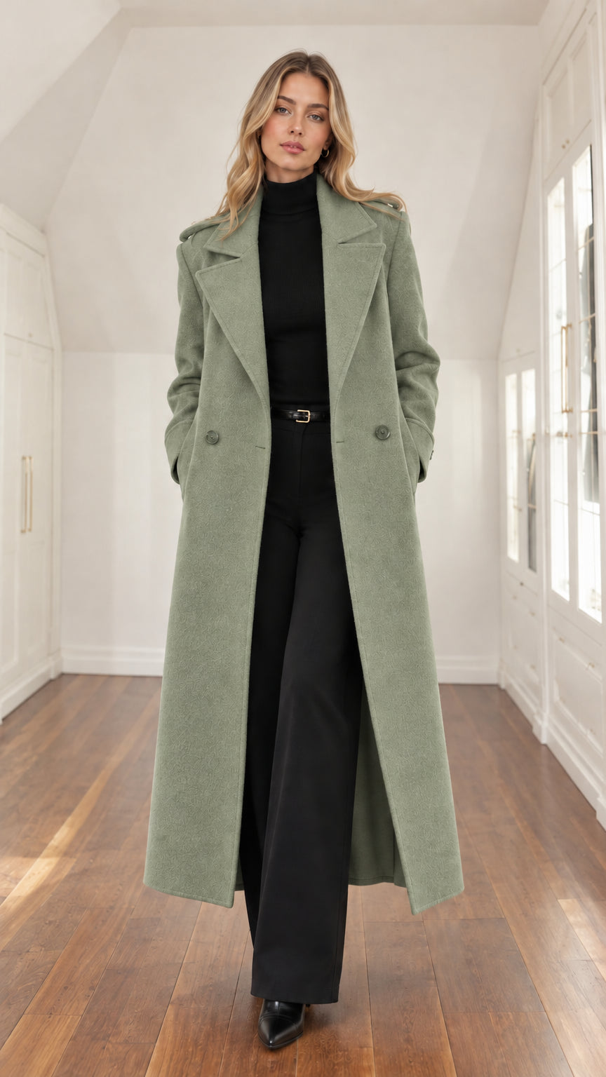 Front view of a woman wearing a tailored sage green maxi overcoat