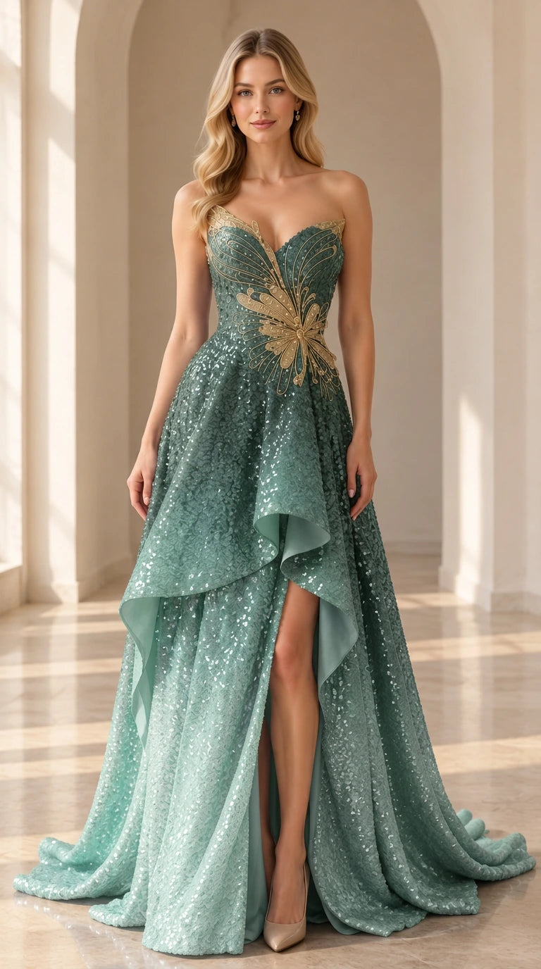 Front view of the strapless sage green ombre sequin evening gown with gold butterfly embroidery