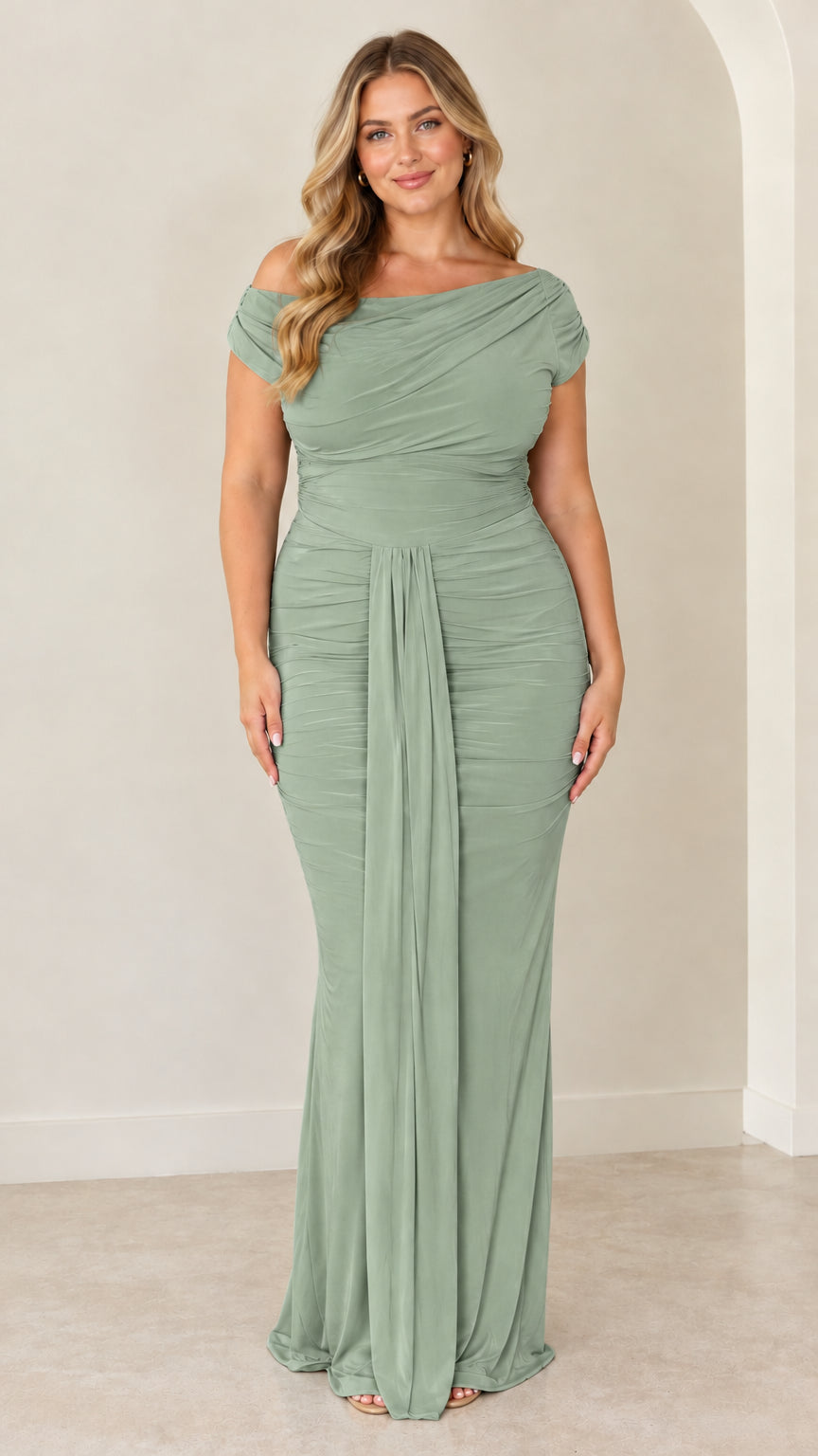 Sage green off-the-shoulder ruched maxi formal dress front view