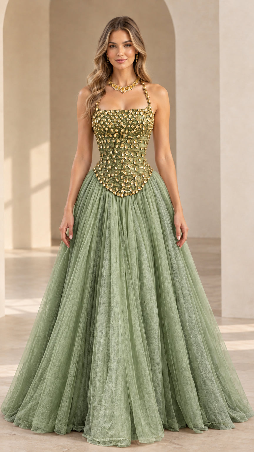 Sage green beaded basque waist ball gown with halter strap