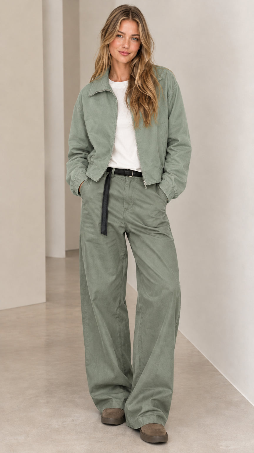 Front full view of woman wearing sage green zip-front bomber jacket and wide-leg pants set
