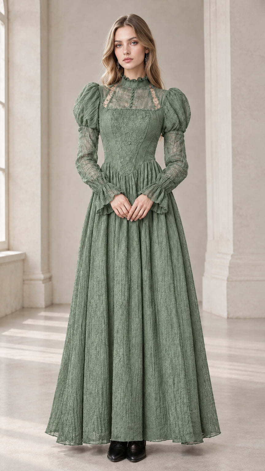 Sage green Victorian mock neck puff sleeve lace maxi dress