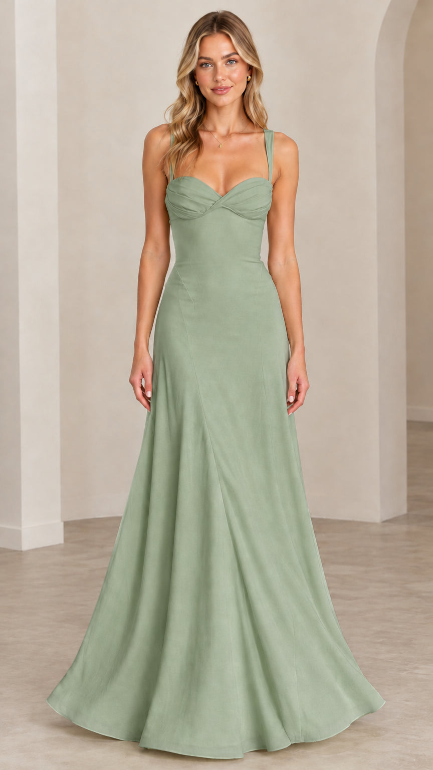 Full-length front view of the sweetheart corset maxi gown in muted sage green
