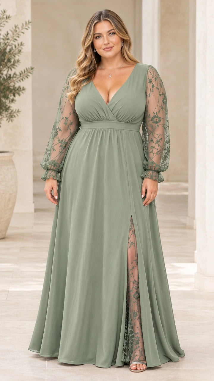 Front view of model in sage green A-line evening dress with lace sleeve details