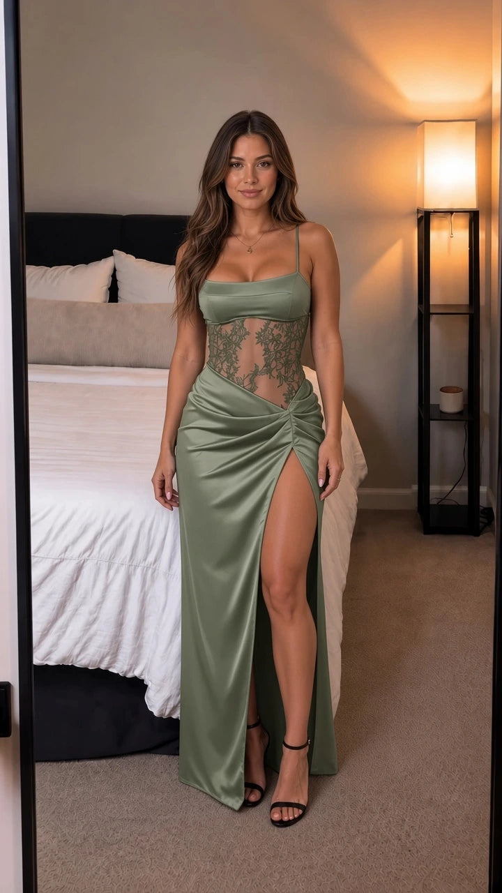 Sage green satin lace corset evening gown with high leg slit on model