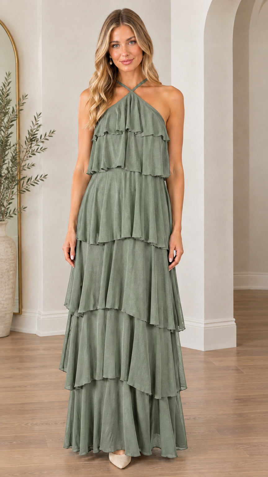 Model wearing sage green halter neck tiered ruffle maxi dress