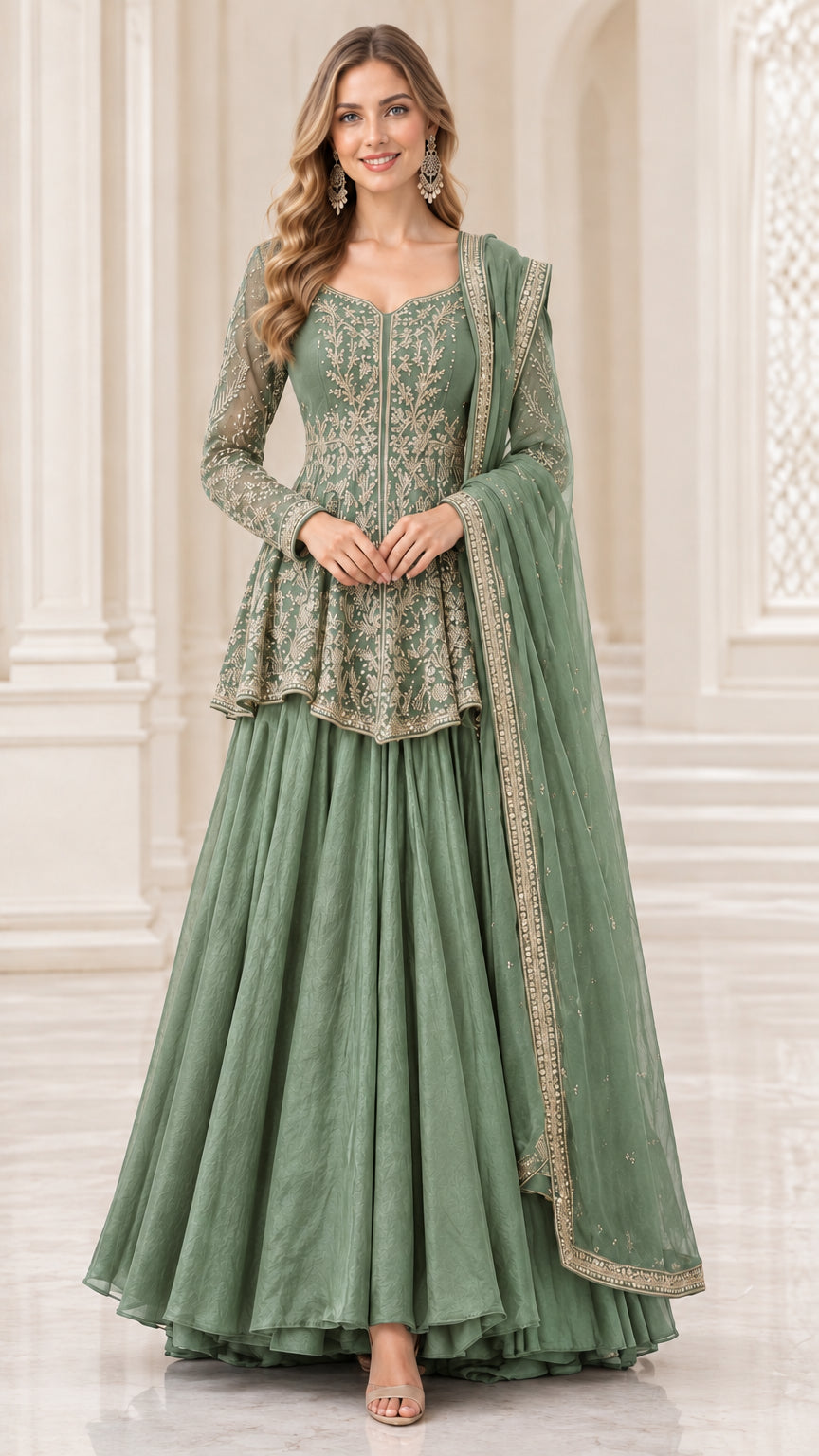 Model wearing sage green embroidered peplum top and maxi skirt set with dupatta