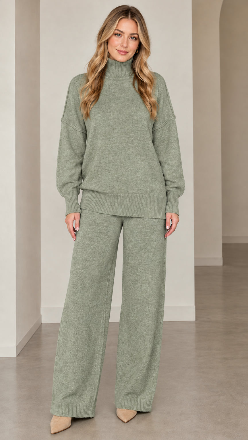 Front full-length view of model wearing sage green knit turtleneck sweater and matching wide-leg pants