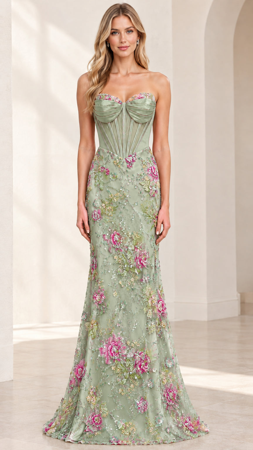 Front view of woman wearing sage green strapless corset gown with floral embroidery