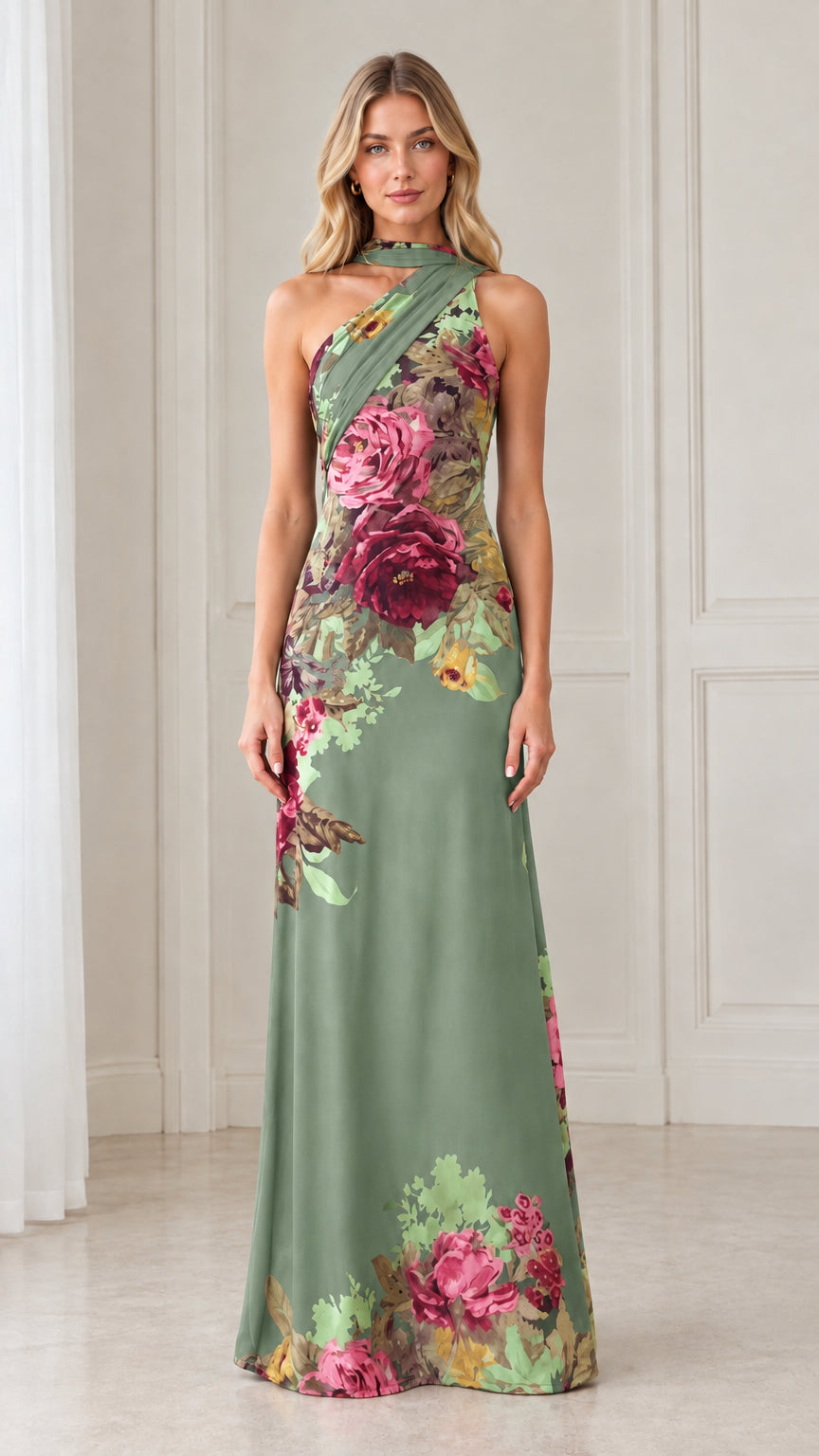 Front view of model wearing sage green floral print asymmetric choker maxi dress