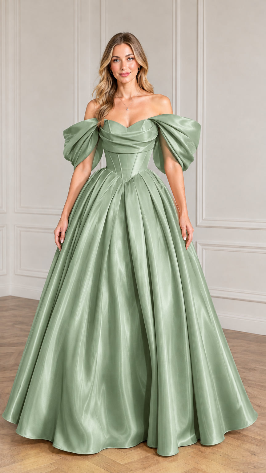 Front view of the sage green off-the-shoulder corset ball gown maxi evening dress