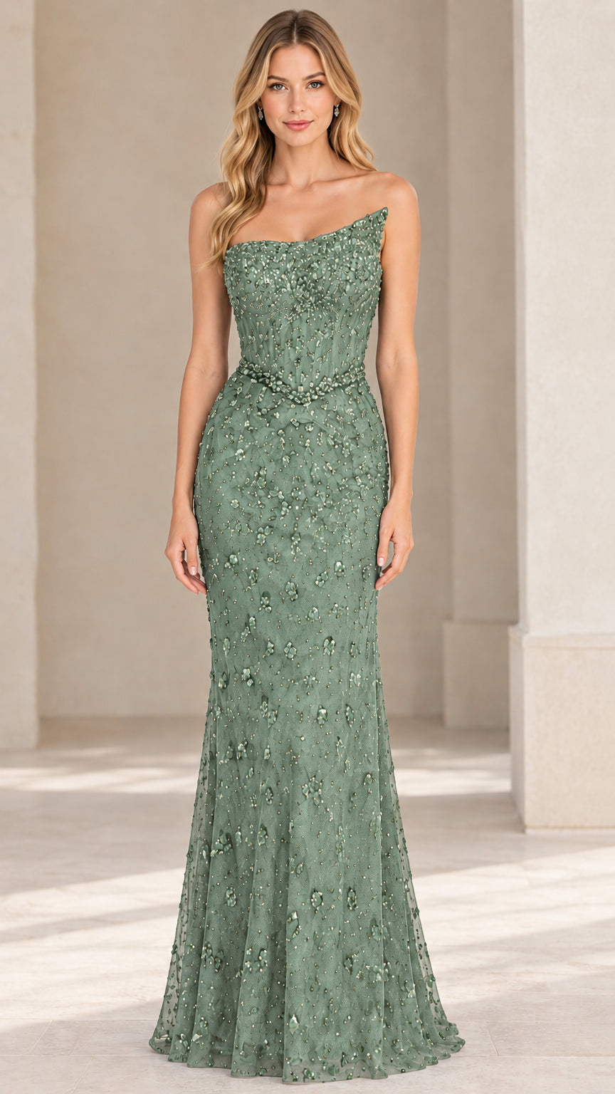Front view of sage green beaded strapless evening gown