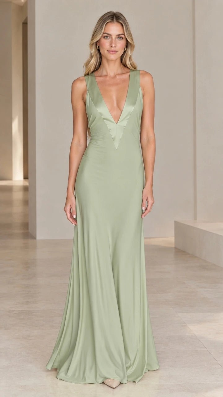 Front view of model wearing sage green sleeveless V-neck formal maxi gown