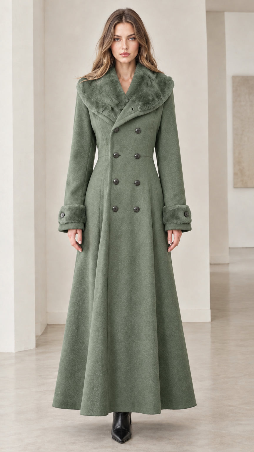 Full-length front view of women's sage green double-breasted maxi coat with matching faux-fur trim