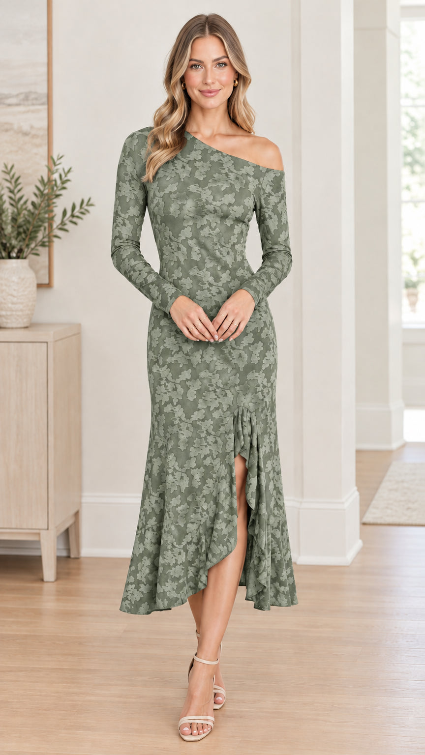 Sage Green one-shoulder long sleeve floral jacquard midi dress