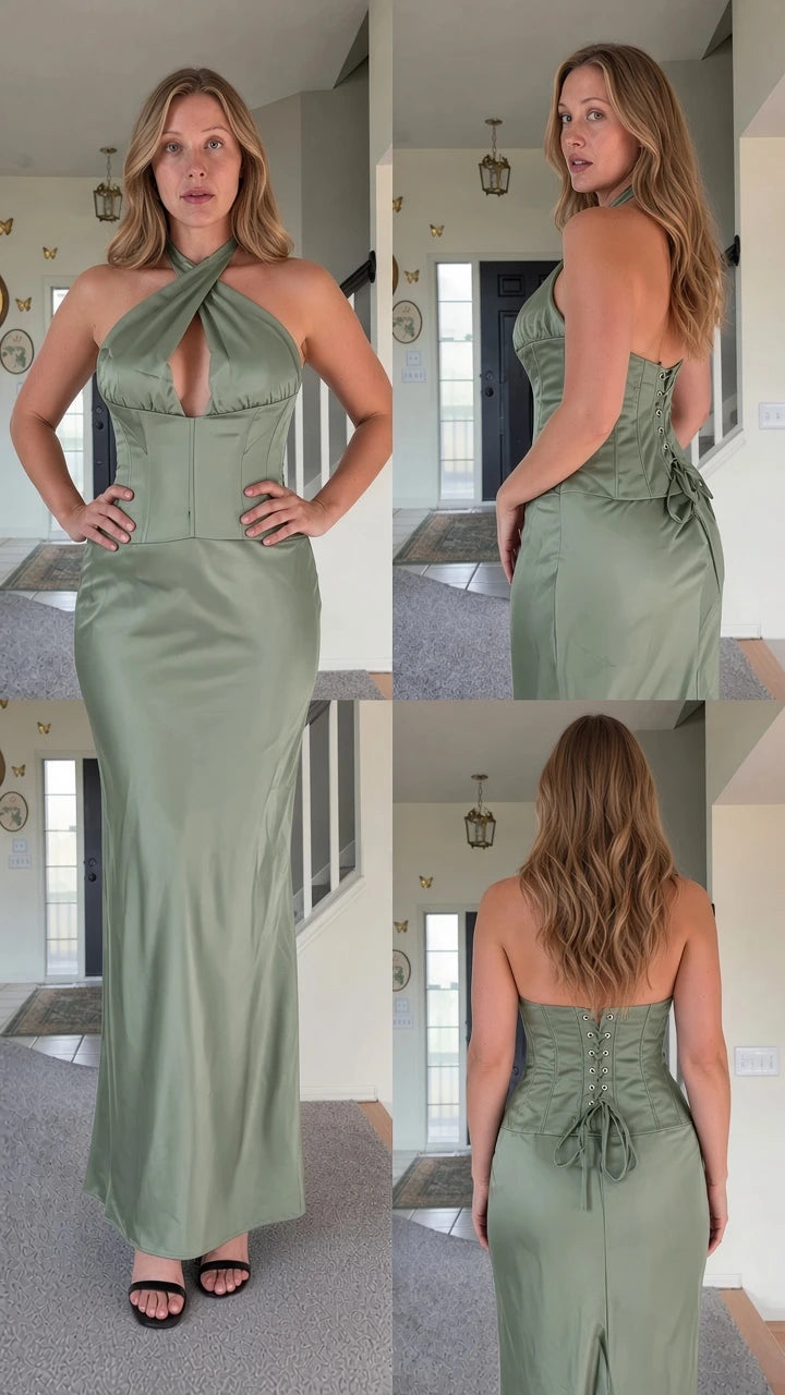 Front, side, and back view of woman wearing sage green cross halter top and maxi skirt set