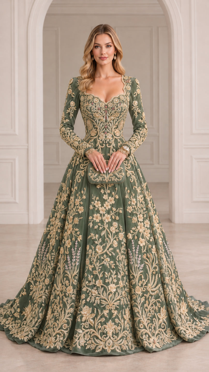 Sage green embroidered long sleeve evening gown with gold accents