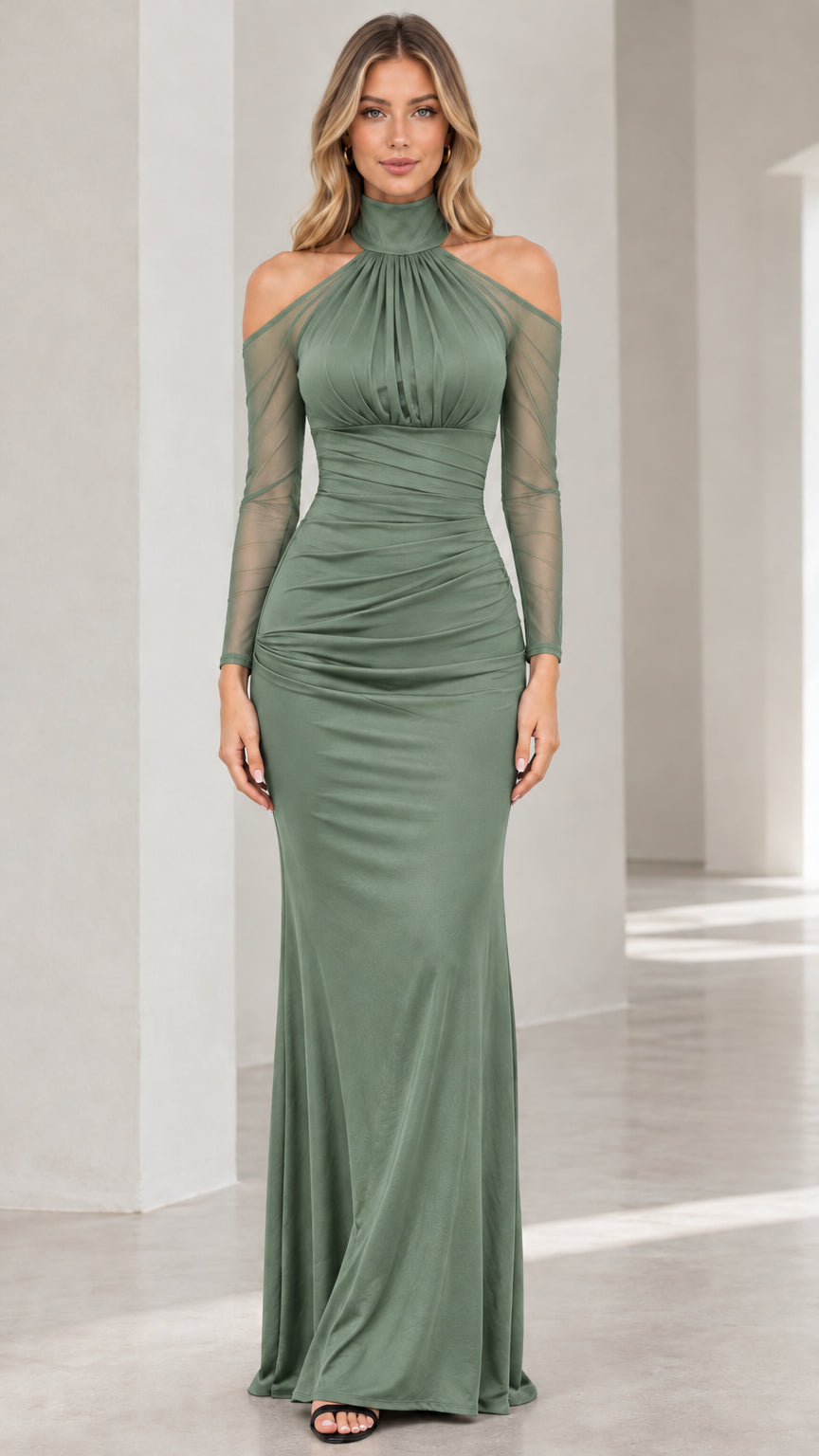Front view of model wearing sage green high neck sheer sleeve ruched evening dress