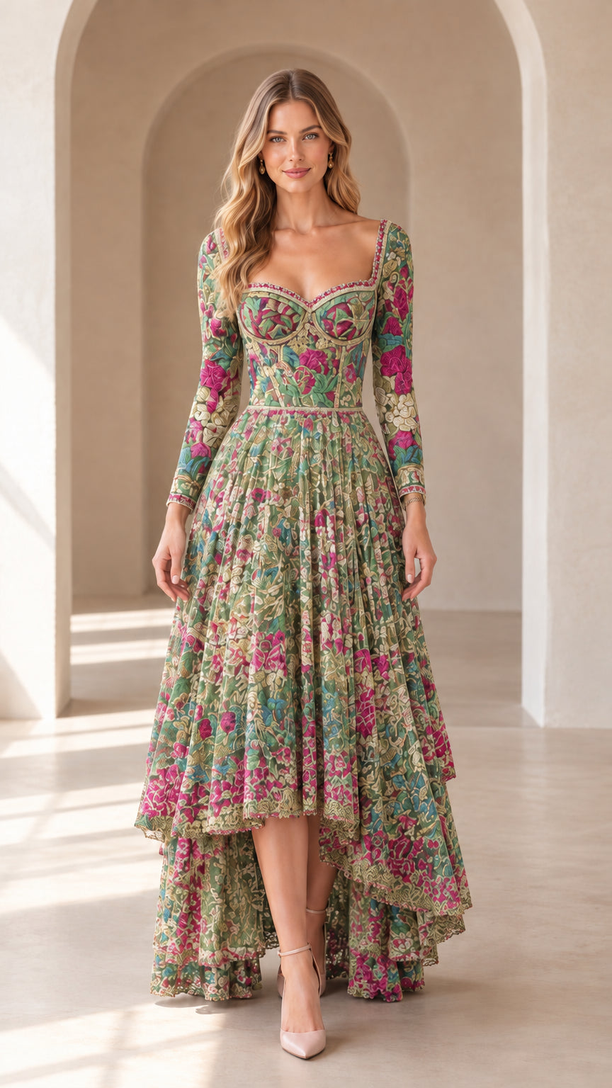 Front full-length view of sage green floral embroidered high-low evening dress on model